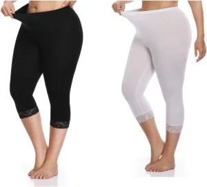 Kotii Women's Plus Size Lace Trim Capri Leggings Stretch Crop Leggings Summer Tights Pants