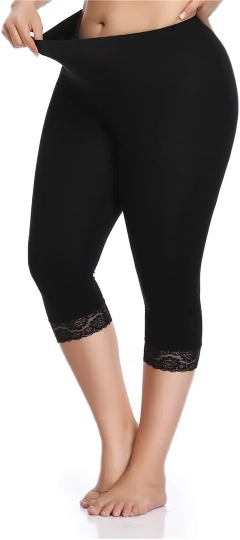 Kotii Women's Plus Size Lace Trim Capri Leggings Stretch Crop Leggings Summer Tights Pants