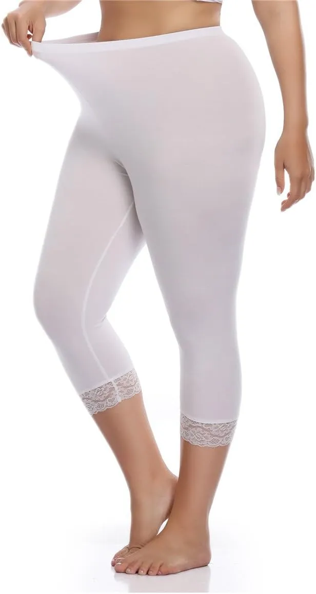 Kotii Women's Plus Size Lace Trim Capri Leggings Stretch Crop Leggings Summer Tights Pants