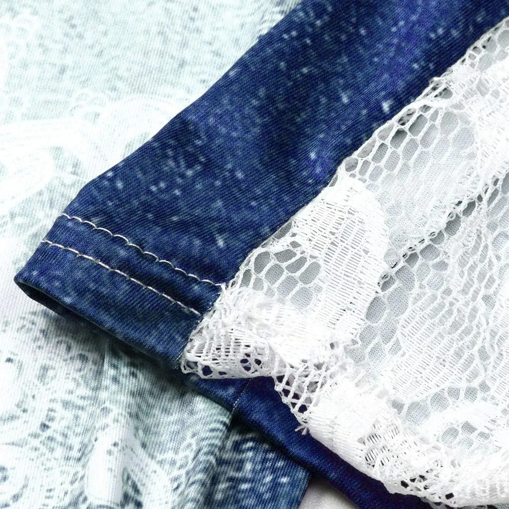 Lace Jean Leggings Women Butterfly Printed Denim Pants High Waist Butt Lift Capri Stretch Trim Pencil Denim Pants Plus