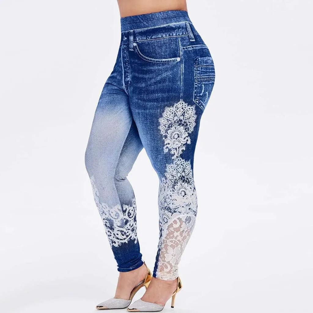 Lace Jean Leggings Women Butterfly Printed Denim Pants High Waist Butt Lift Capri Stretch Trim Pencil Denim Pants Plus