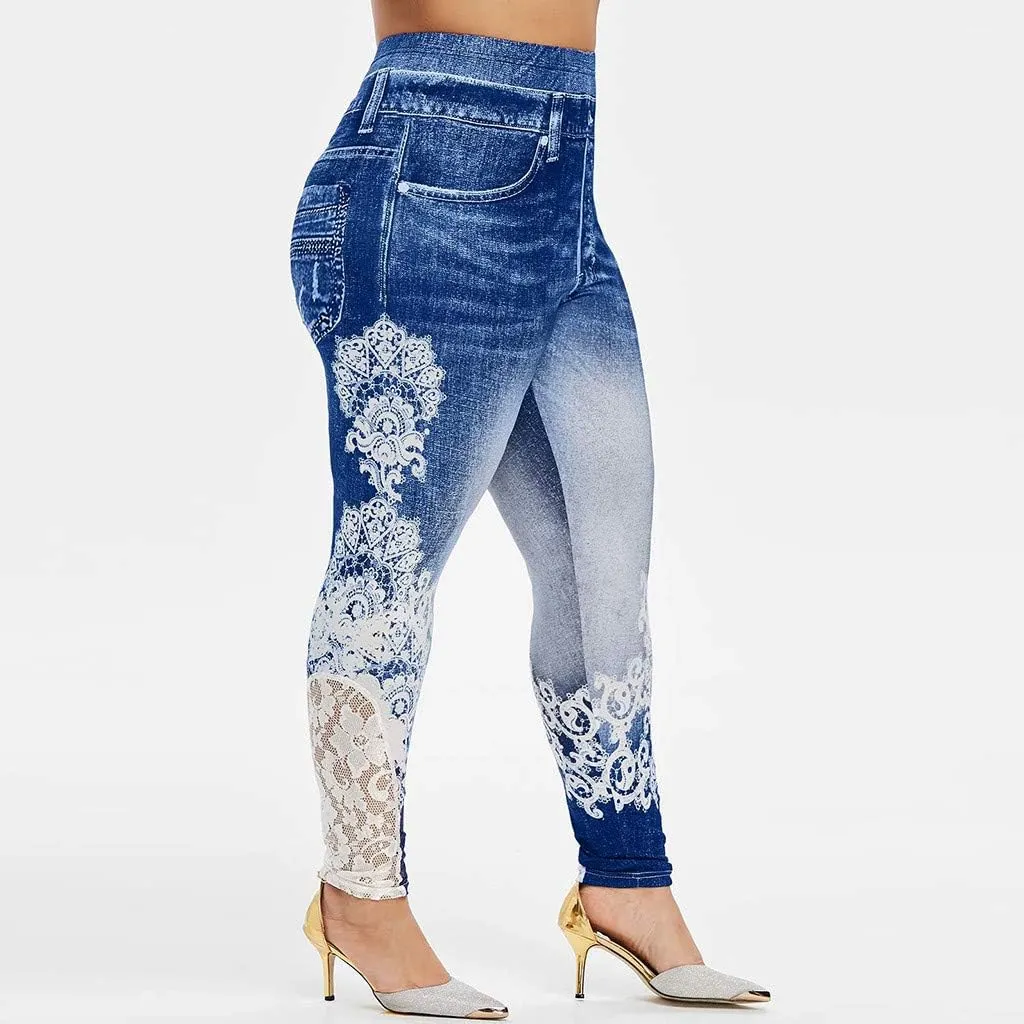 Lace Jean Leggings Women Butterfly Printed Denim Pants High Waist Butt Lift Capri Stretch Trim Pencil Denim Pants Plus