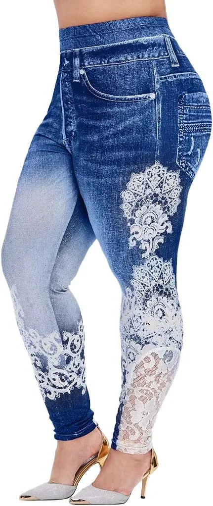 Lace Jean Leggings Women Butterfly Printed Denim Pants High Waist Butt Lift Capri Stretch Trim Pencil Denim Pants Plus