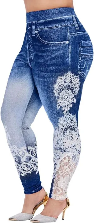 Lace Jean Leggings Women Butterfly Printed Denim Pants High Waist Butt Lift Capri Stretch Trim Pencil Denim Pants Plus