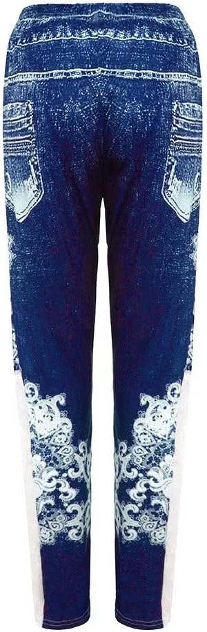 Lace Jean Leggings Women Butterfly Printed Denim Pants High Waist Butt Lift Capri Stretch Trim Pencil Denim Pants Plus