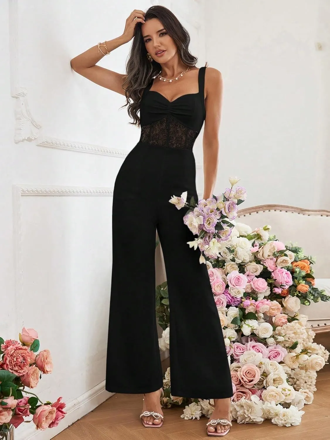 Lace Pleated Jumpsuit High Waist Womens Beach Outfits Jumpsuits