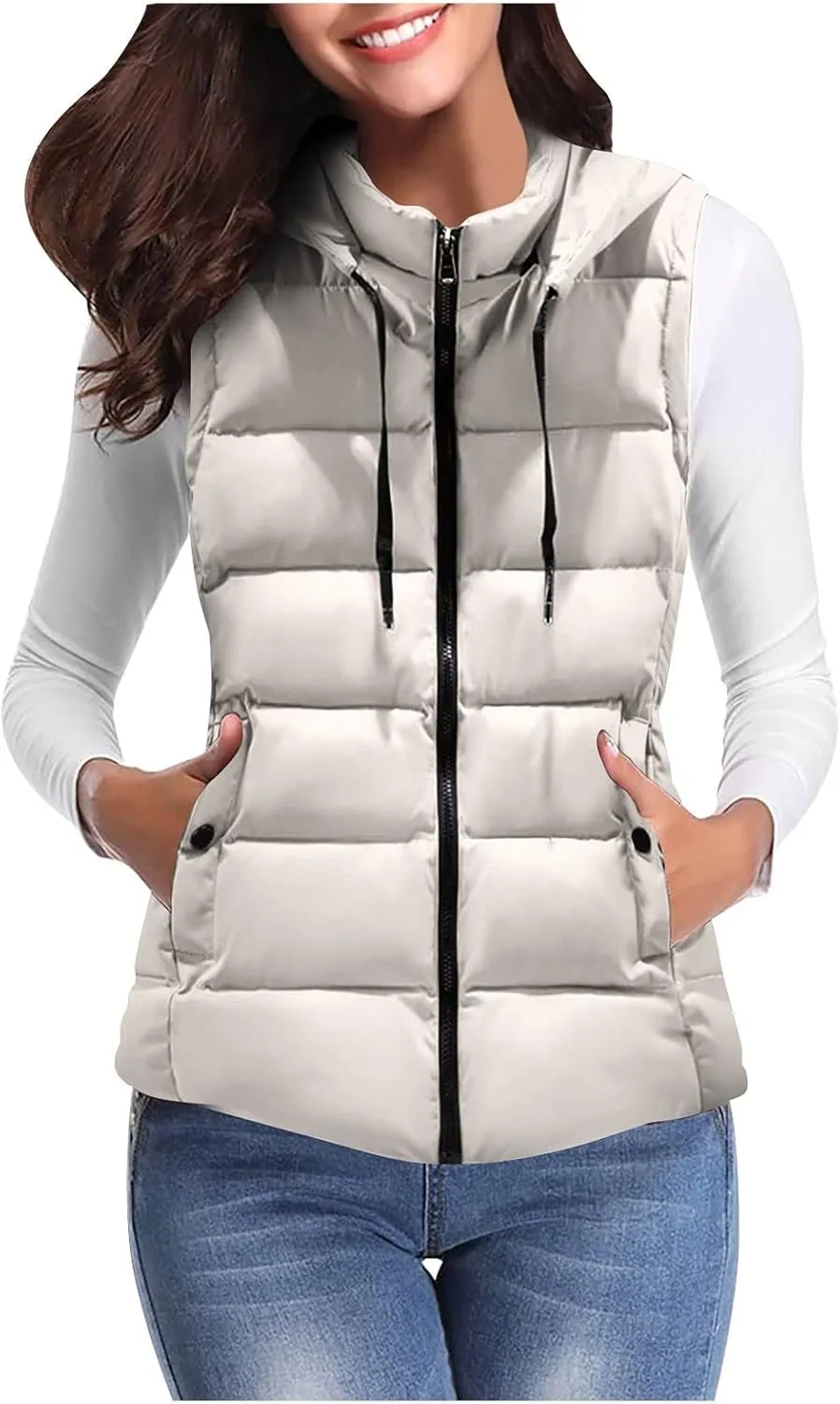 LCMTWX Puffer Jacket Womens European and American Cotton Jackets Color Stand-up Collar Zipper Women's Long Puffer Vest