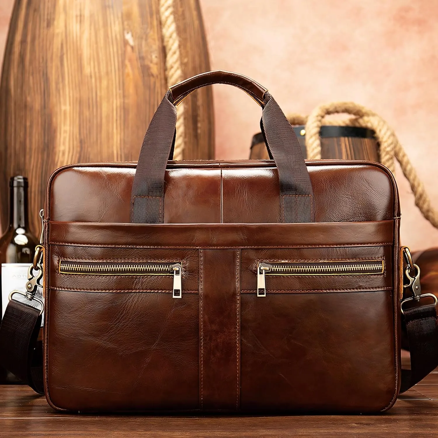 Leather Briefcase for Men, 15.6-16.1 inch Laptop Bag, Vintage Handmade Messenger Bag