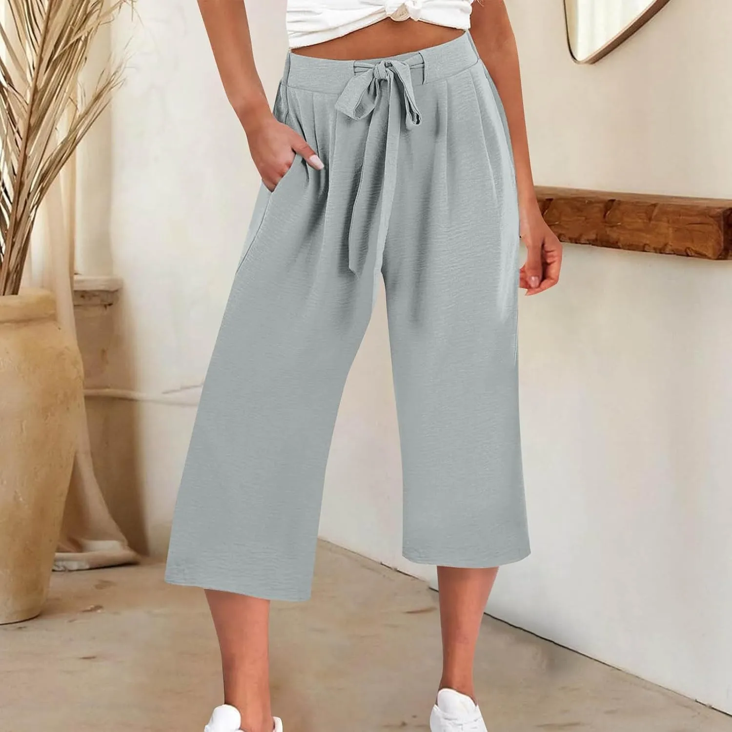 Lightweight Wide Leg Cropped Pants Linen Cropped Wide Leg Elastic Waist Casual Palazzo Trousers with Pockets