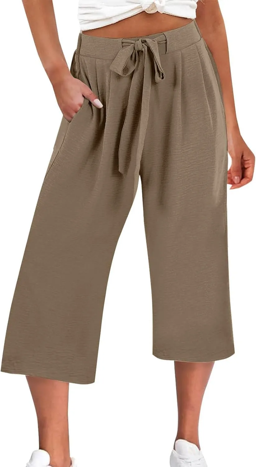 Lightweight Wide Leg Cropped Pants Linen Cropped Wide Leg Elastic Waist Casual Palazzo Trousers with Pockets