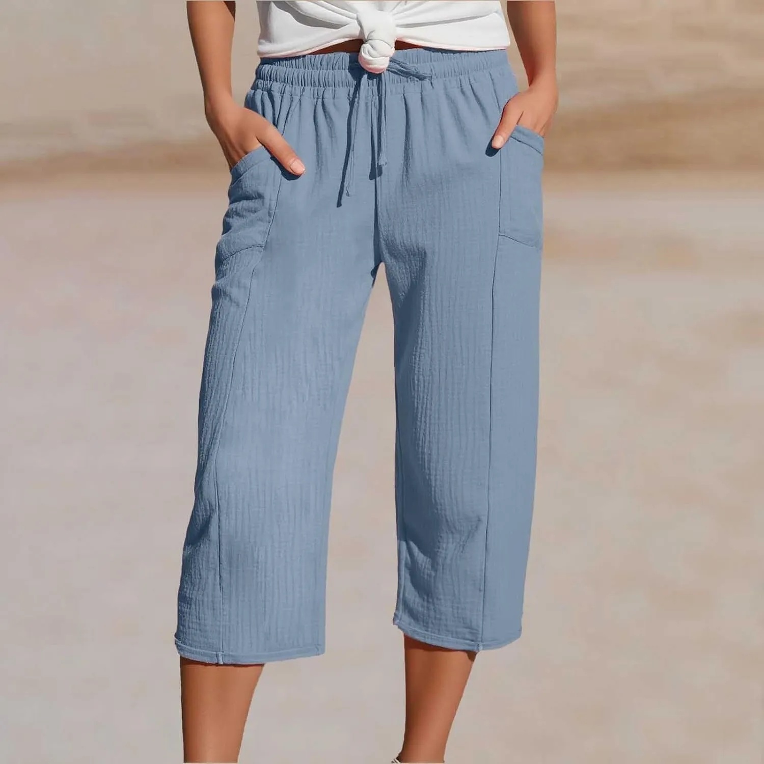 Linen Capri Pants for Women High Waisted Wide Leg Cropped Pants Summer Casual Elastic Waist Yoga Capris with Pockets
