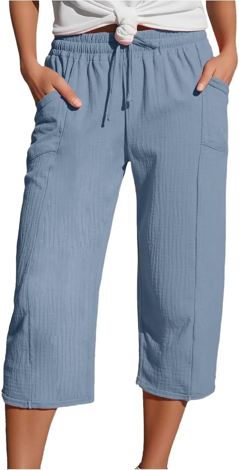 Linen Capri Pants for Women High Waisted Wide Leg Cropped Pants Summer Casual Elastic Waist Yoga Capris with Pockets