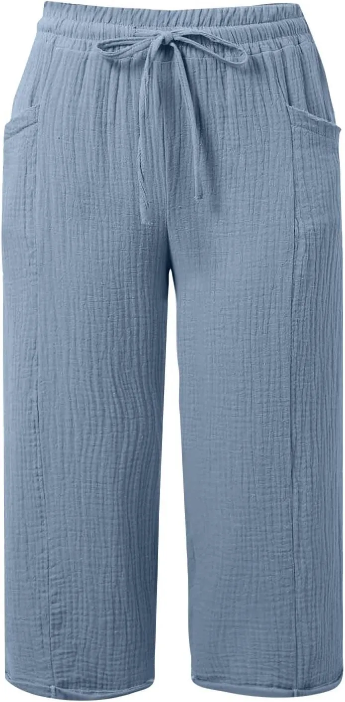 Linen Capri Pants for Women High Waisted Wide Leg Cropped Pants Summer Casual Elastic Waist Yoga Capris with Pockets