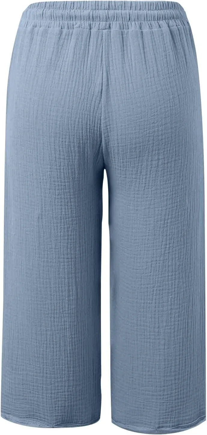 Linen Capri Pants for Women High Waisted Wide Leg Cropped Pants Summer Casual Elastic Waist Yoga Capris with Pockets