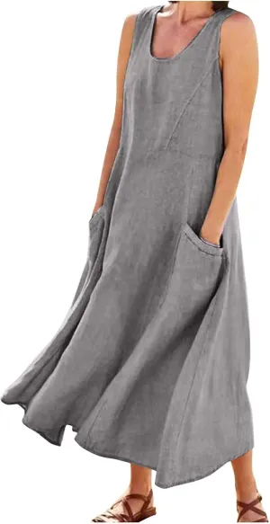 Linen Dress Women Plus Size Summer Dresses 2025 Casual Solid Colour Sleeveless Cotton Linen Dress with Pocket