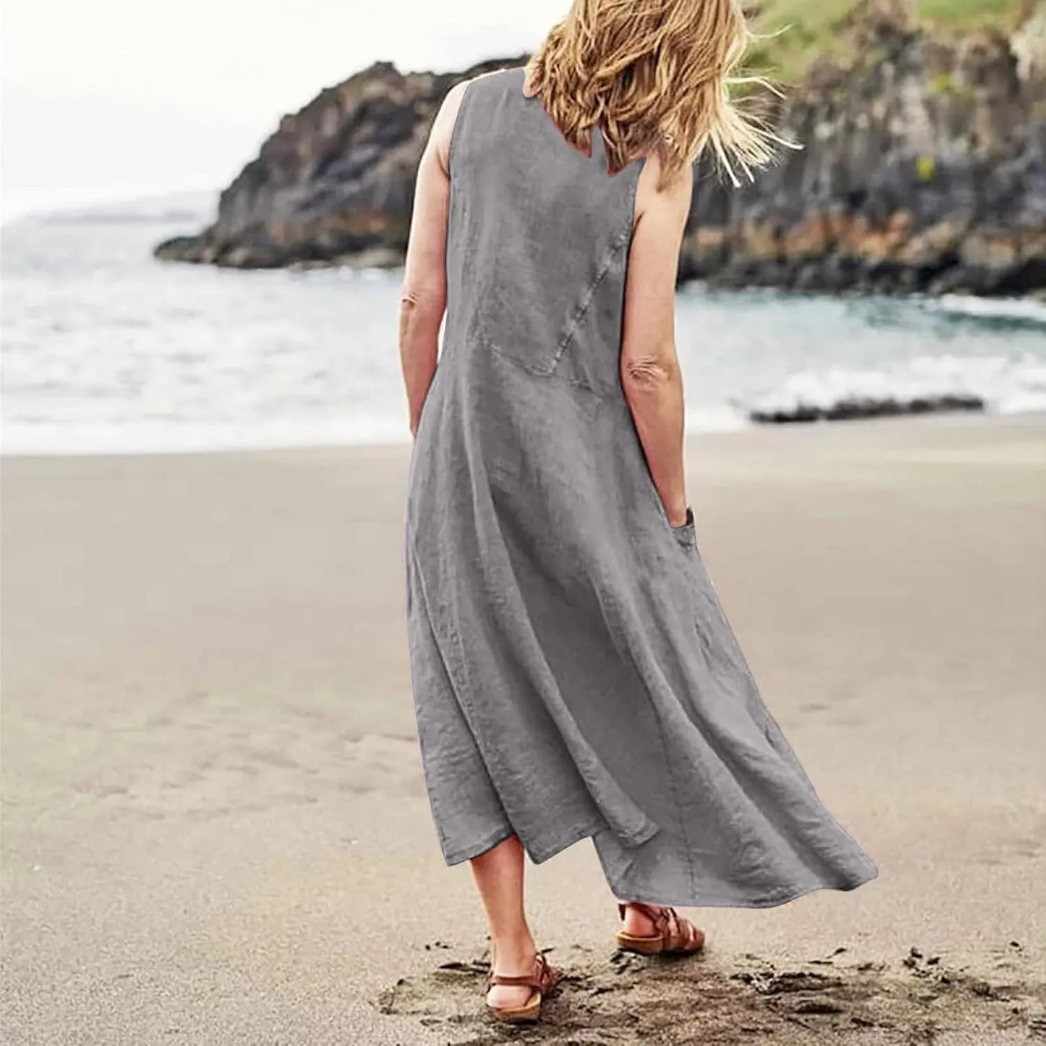 Linen Dress Women Plus Size Summer Dresses 2025 Casual Solid Colour Sleeveless Cotton Linen Dress with Pocket