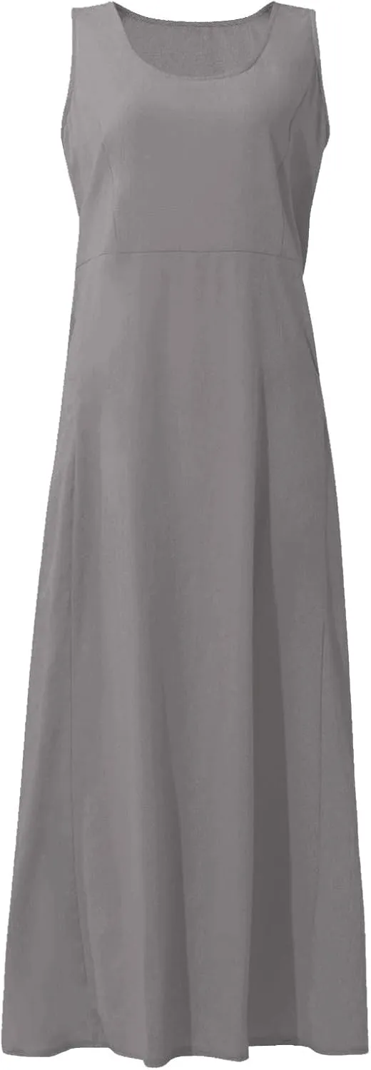 Linen Dress Women Plus Size Summer Dresses 2025 Casual Solid Colour Sleeveless Cotton Linen Dress with Pocket