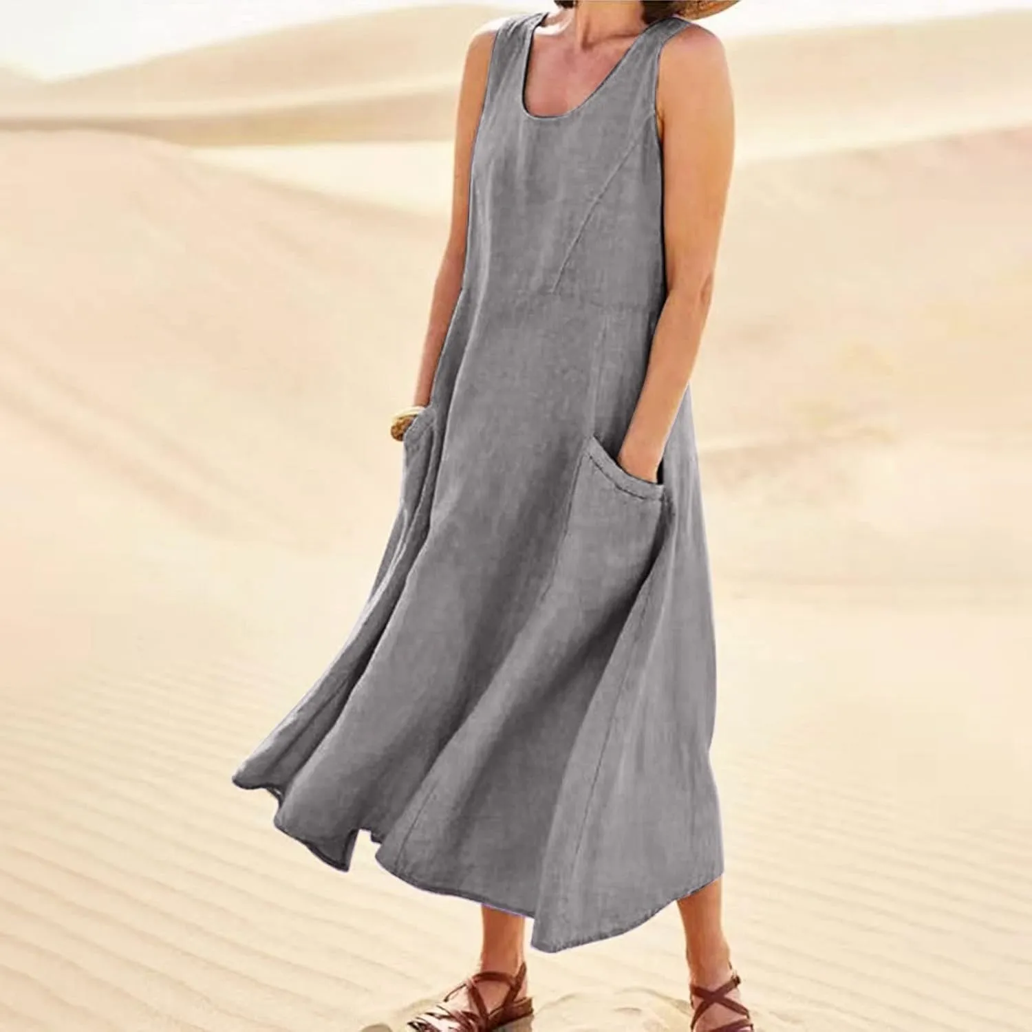 Linen Dress Women Plus Size Summer Dresses 2025 Casual Solid Colour Sleeveless Cotton Linen Dress with Pocket