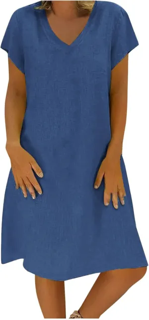 Linen Dresses for Women 2025 Summer Casual V-Neck A Line Dress Trendy Cap Sleeve Sun Dresses Vacation Beach Clothing