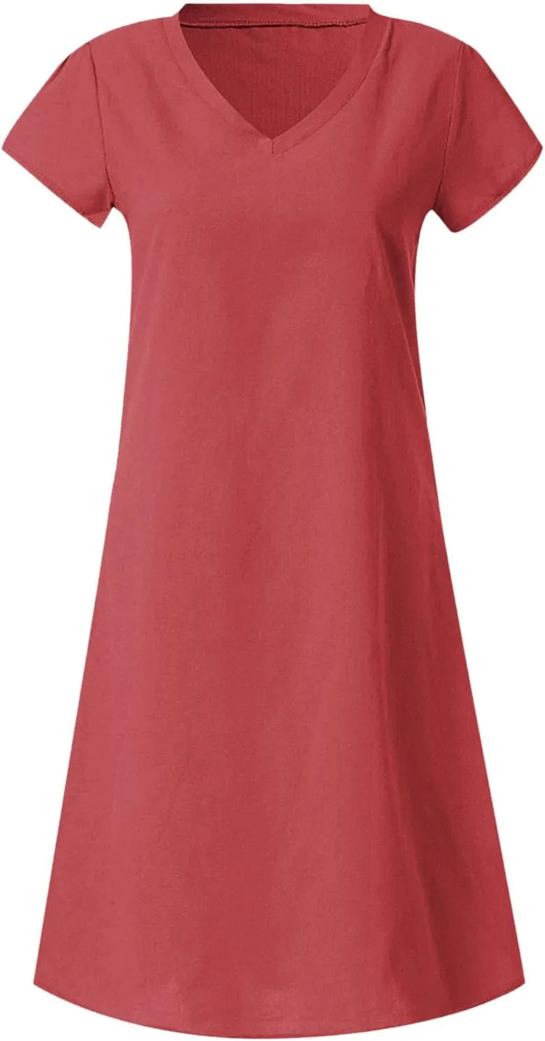 Linen Dresses for Women 2025 Summer Casual V-Neck A Line Dress Trendy Cap Sleeve Sun Dresses Vacation Beach Clothing