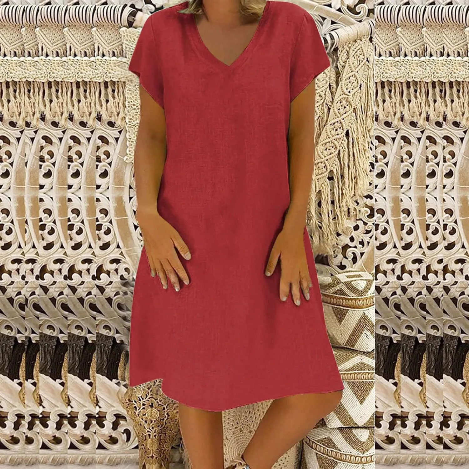 Linen Dresses for Women 2025 Summer Casual V-Neck A Line Dress Trendy Cap Sleeve Sun Dresses Vacation Beach Clothing