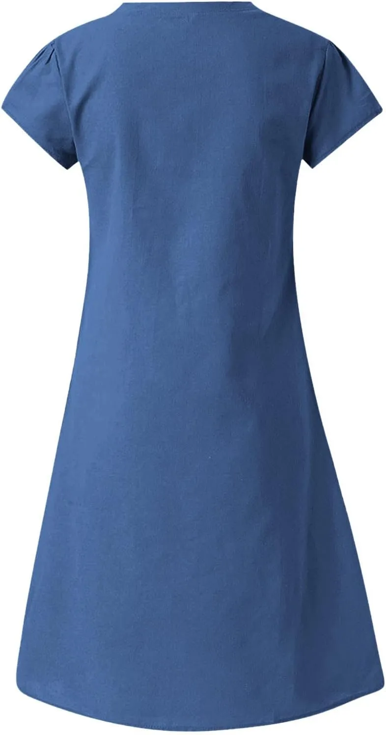 Linen Dresses for Women 2025 Summer Casual V-Neck A Line Dress Trendy Cap Sleeve Sun Dresses Vacation Beach Clothing