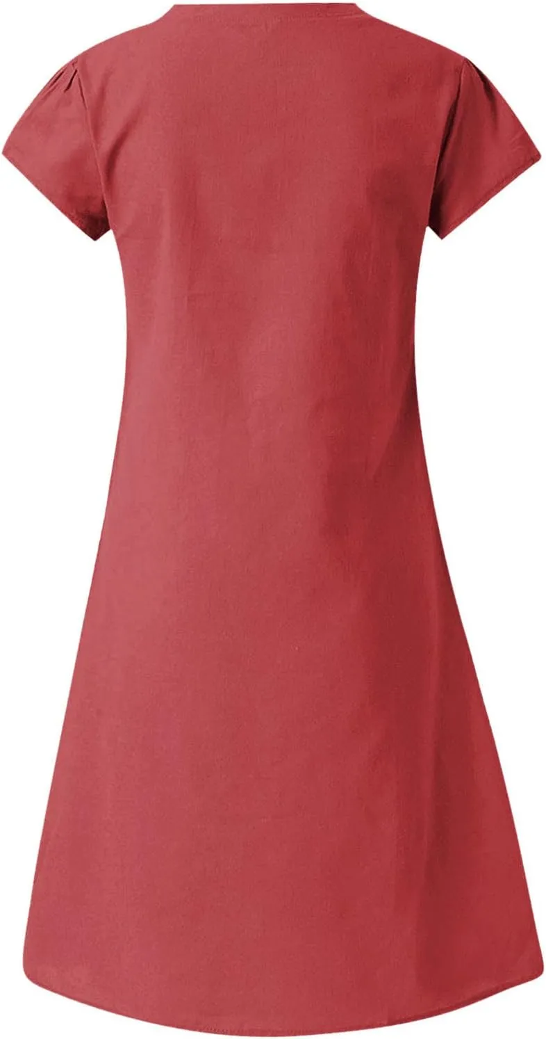 Linen Dresses for Women 2025 Summer Casual V-Neck A Line Dress Trendy Cap Sleeve Sun Dresses Vacation Beach Clothing