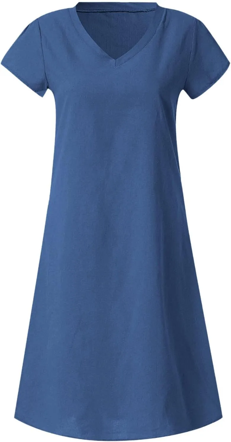 Linen Dresses for Women 2025 Summer Casual V-Neck A Line Dress Trendy Cap Sleeve Sun Dresses Vacation Beach Clothing