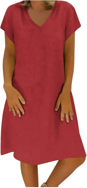 Linen Dresses for Women 2025 Summer Casual V-Neck A Line Dress Trendy Cap Sleeve Sun Dresses Vacation Beach Clothing