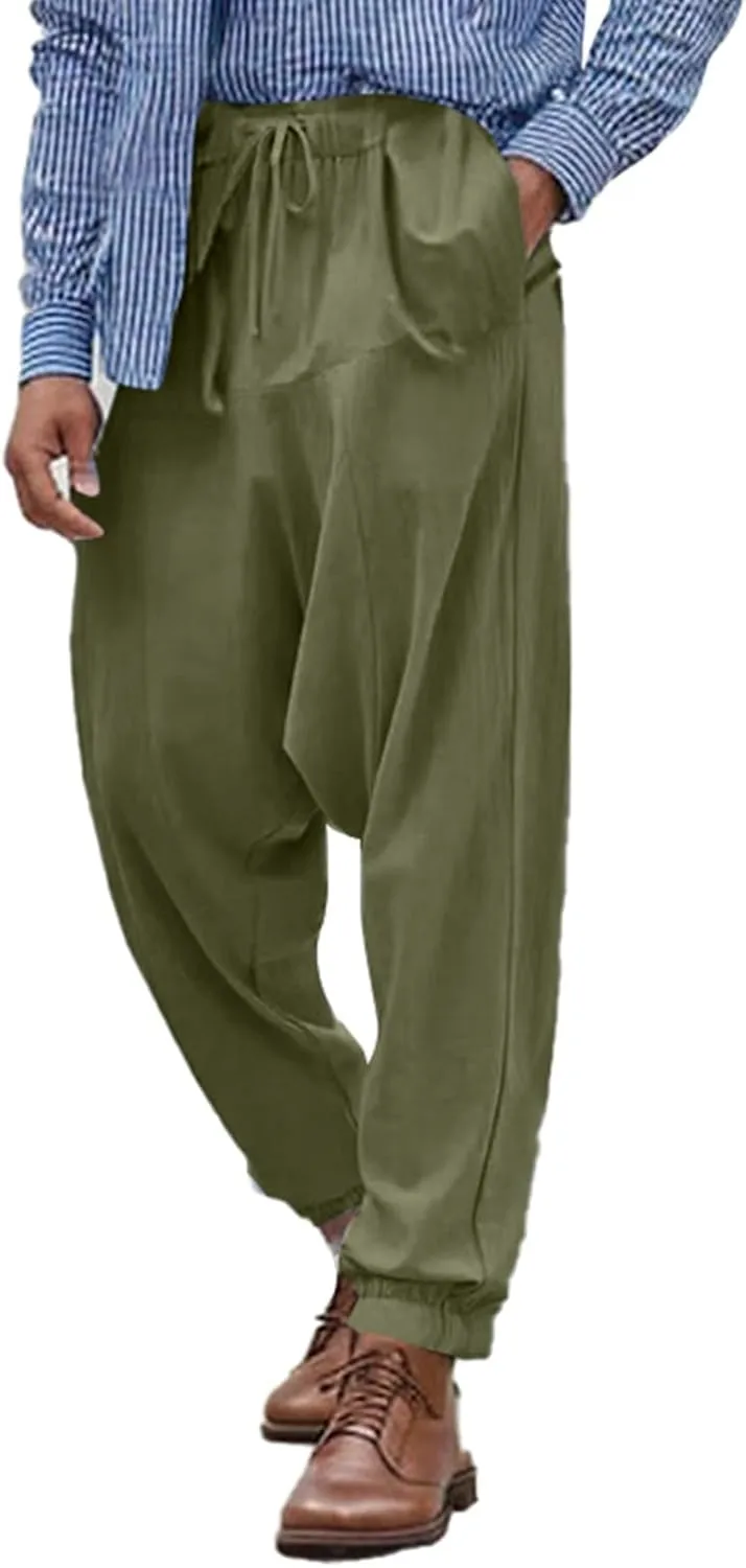Linen Pants Elastic Waist Drawstring Beach Pants Harem Summer Pants Casual Lightweight Linen Trouser with Pockets
