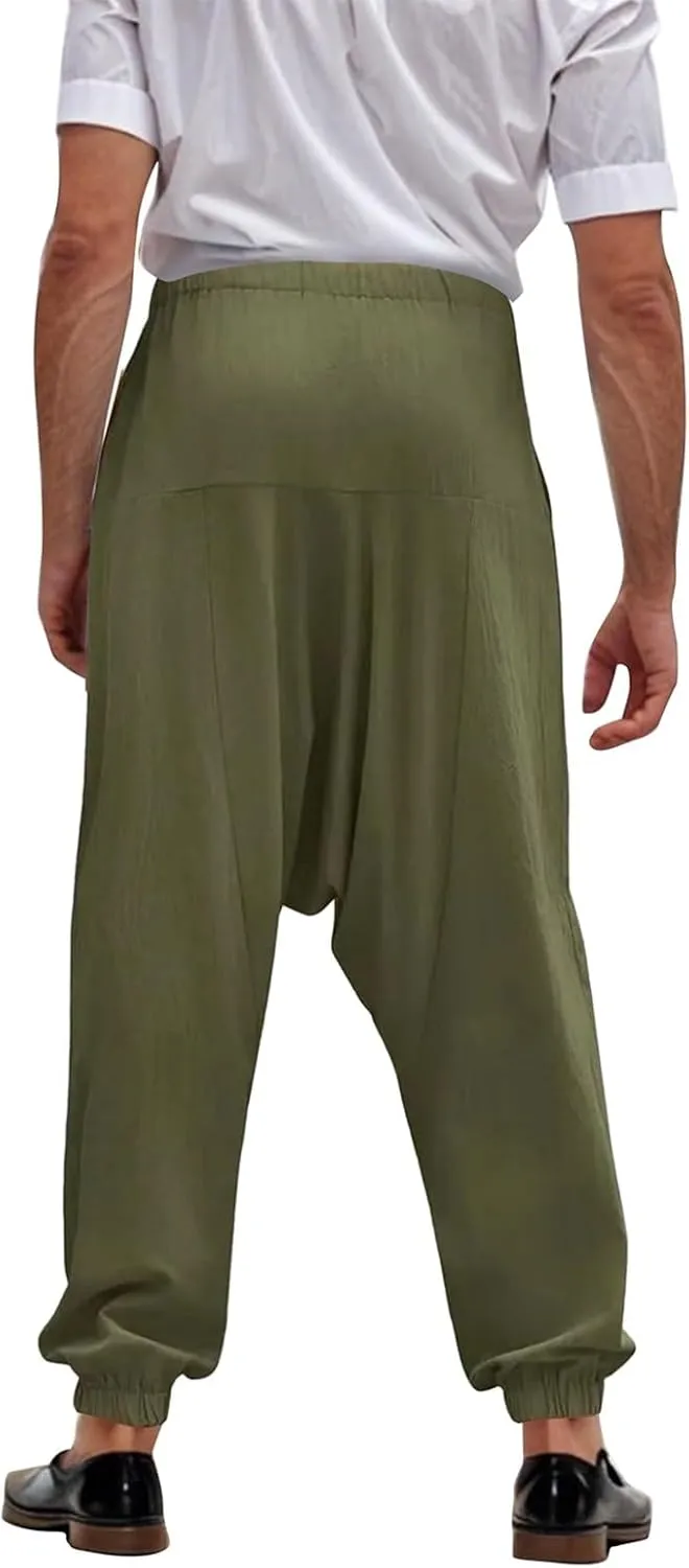 Linen Pants Elastic Waist Drawstring Beach Pants Harem Summer Pants Casual Lightweight Linen Trouser with Pockets