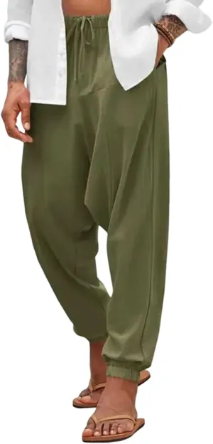 Linen Pants Elastic Waist Drawstring Beach Pants Harem Summer Pants Casual Lightweight Linen Trouser with Pockets