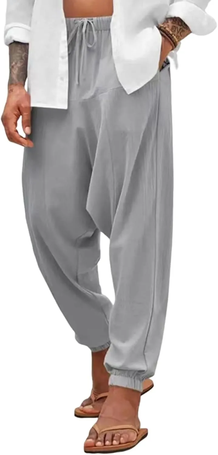 Linen Pants Elastic Waist Drawstring Beach Pants Harem Summer Pants Casual Lightweight Linen Trouser with Pockets