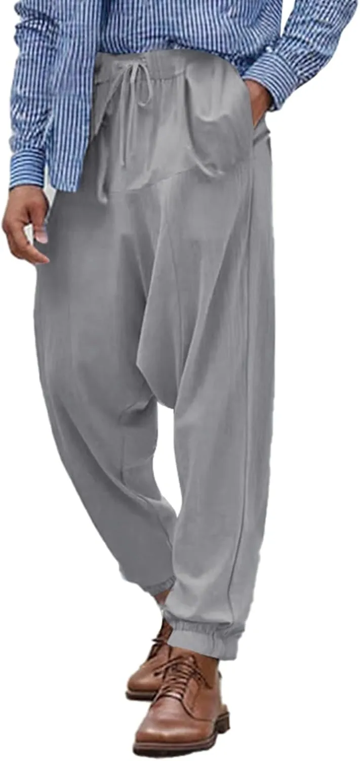 Linen Pants Elastic Waist Drawstring Beach Pants Harem Summer Pants Casual Lightweight Linen Trouser with Pockets