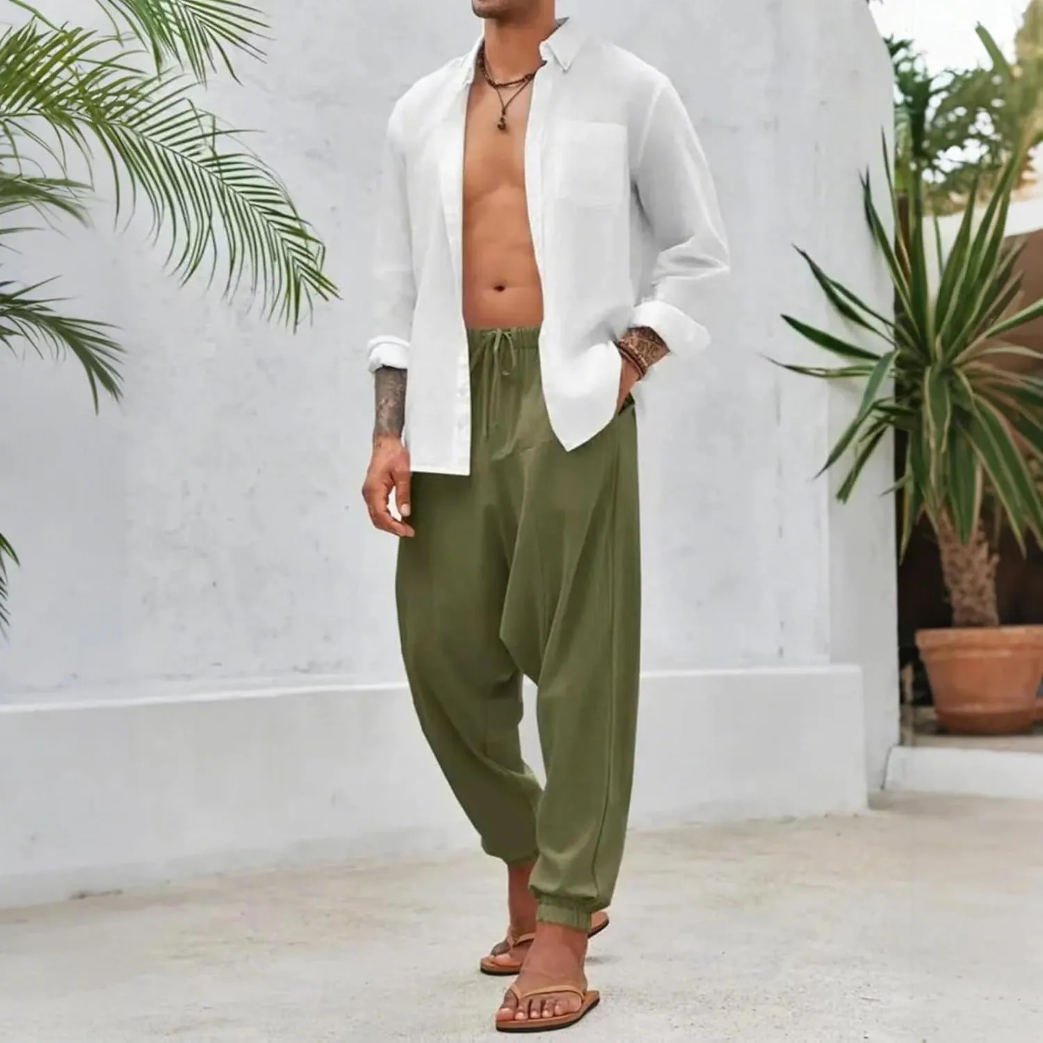 Linen Pants Elastic Waist Drawstring Beach Pants Harem Summer Pants Casual Lightweight Linen Trouser with Pockets