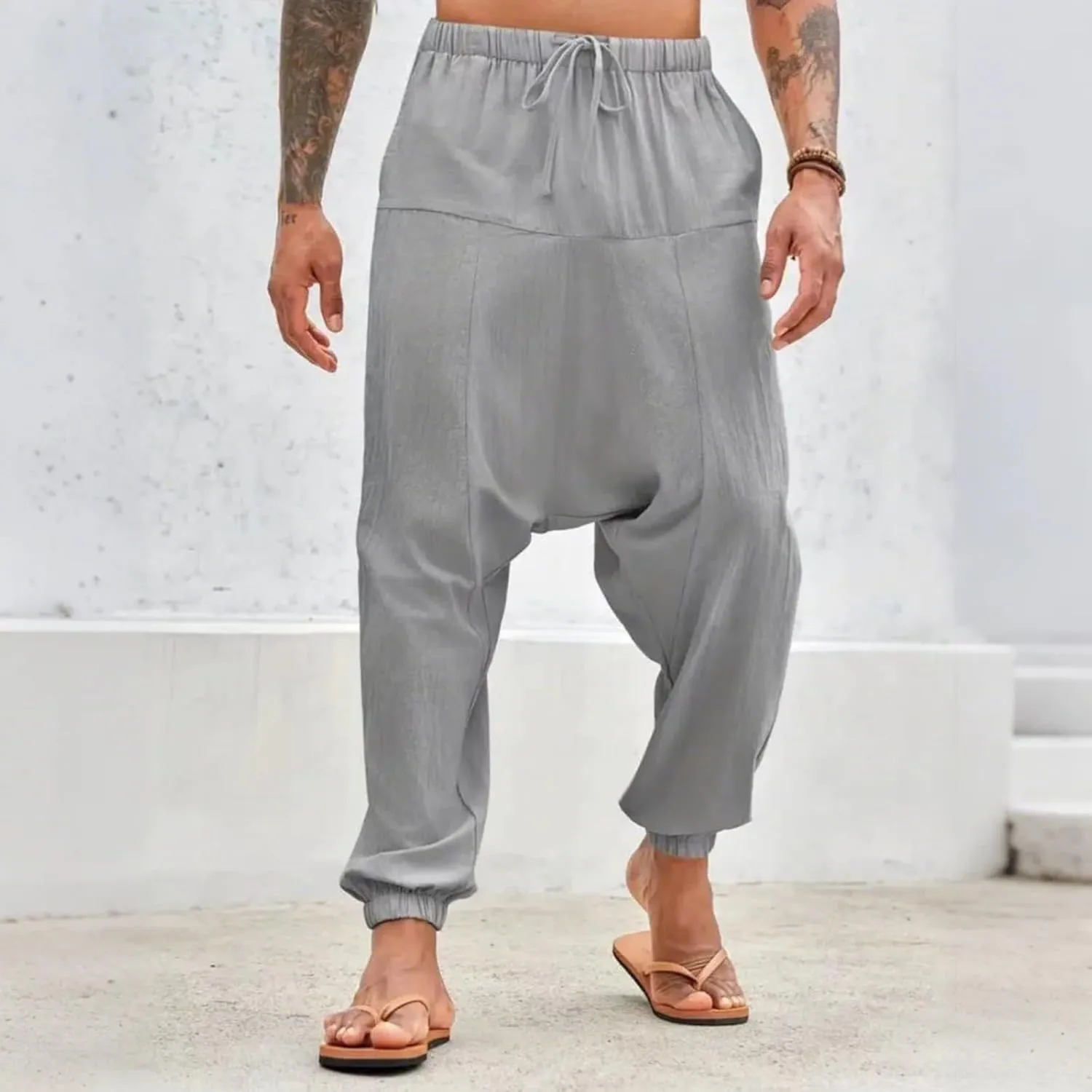 Linen Pants Elastic Waist Drawstring Beach Pants Harem Summer Pants Casual Lightweight Linen Trouser with Pockets