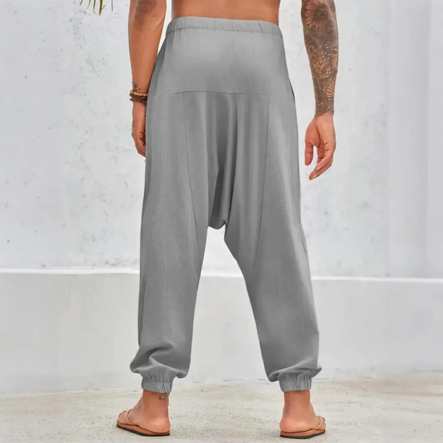 Linen Pants Elastic Waist Drawstring Beach Pants Harem Summer Pants Casual Lightweight Linen Trouser with Pockets