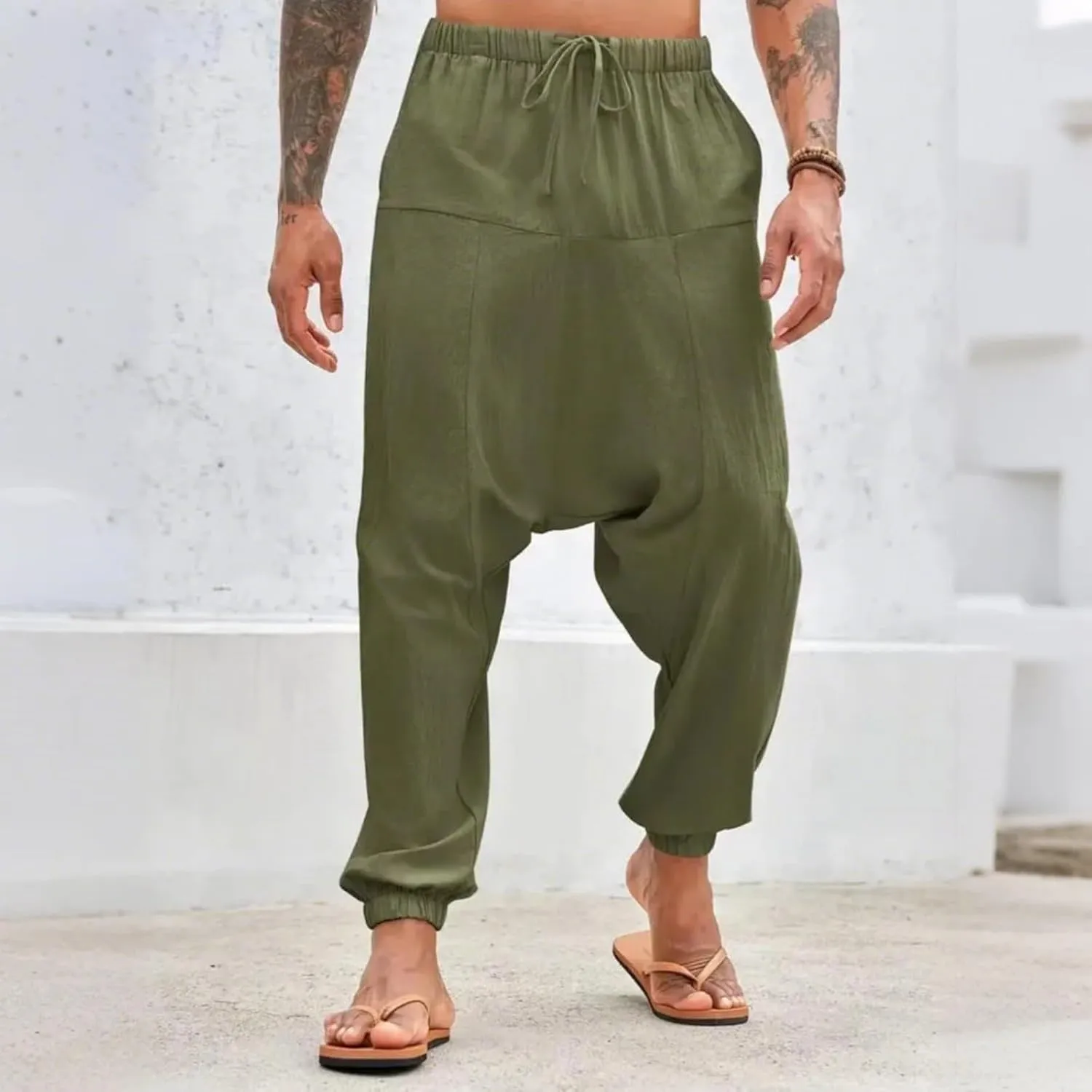 Linen Pants Elastic Waist Drawstring Beach Pants Harem Summer Pants Casual Lightweight Linen Trouser with Pockets