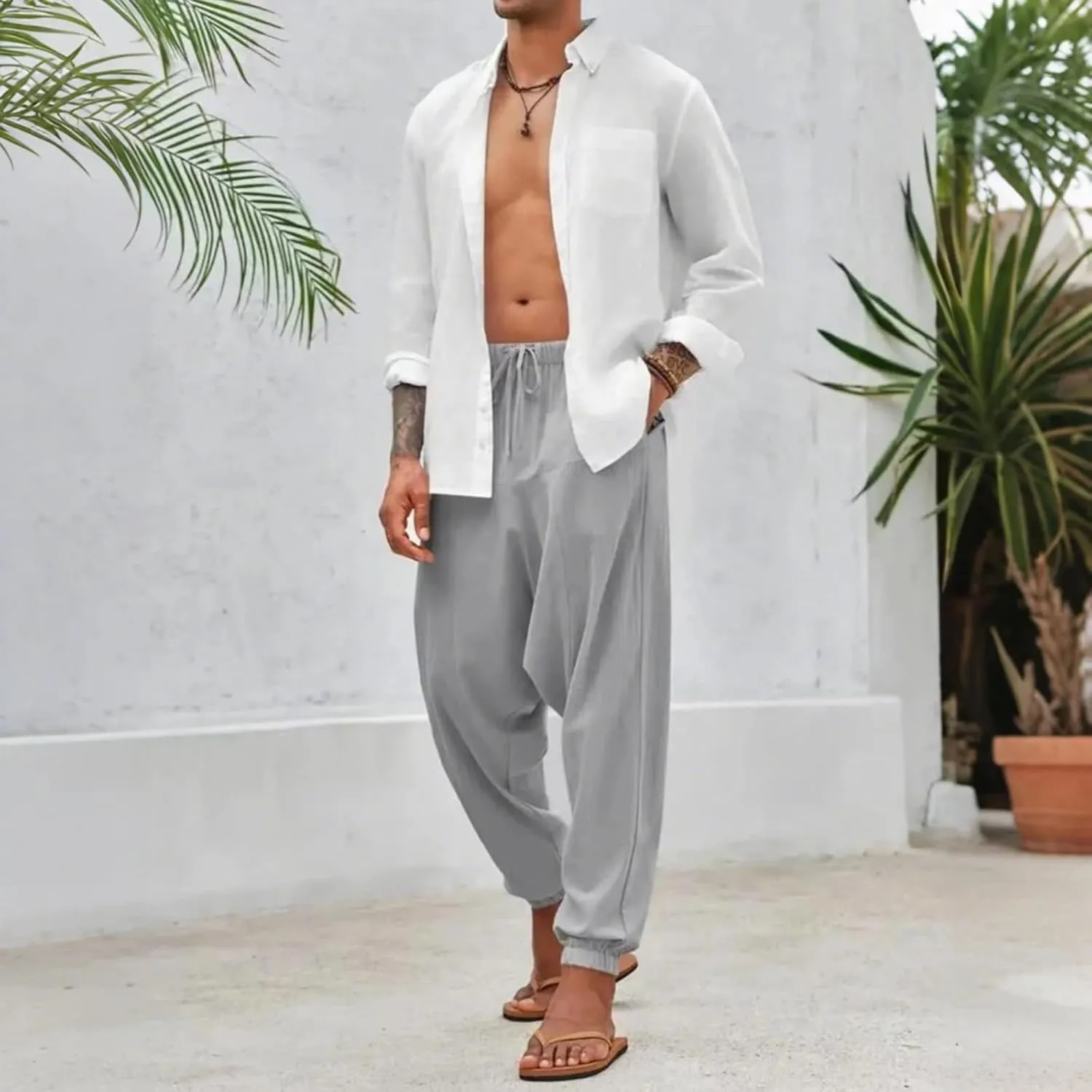 Linen Pants Elastic Waist Drawstring Beach Pants Harem Summer Pants Casual Lightweight Linen Trouser with Pockets