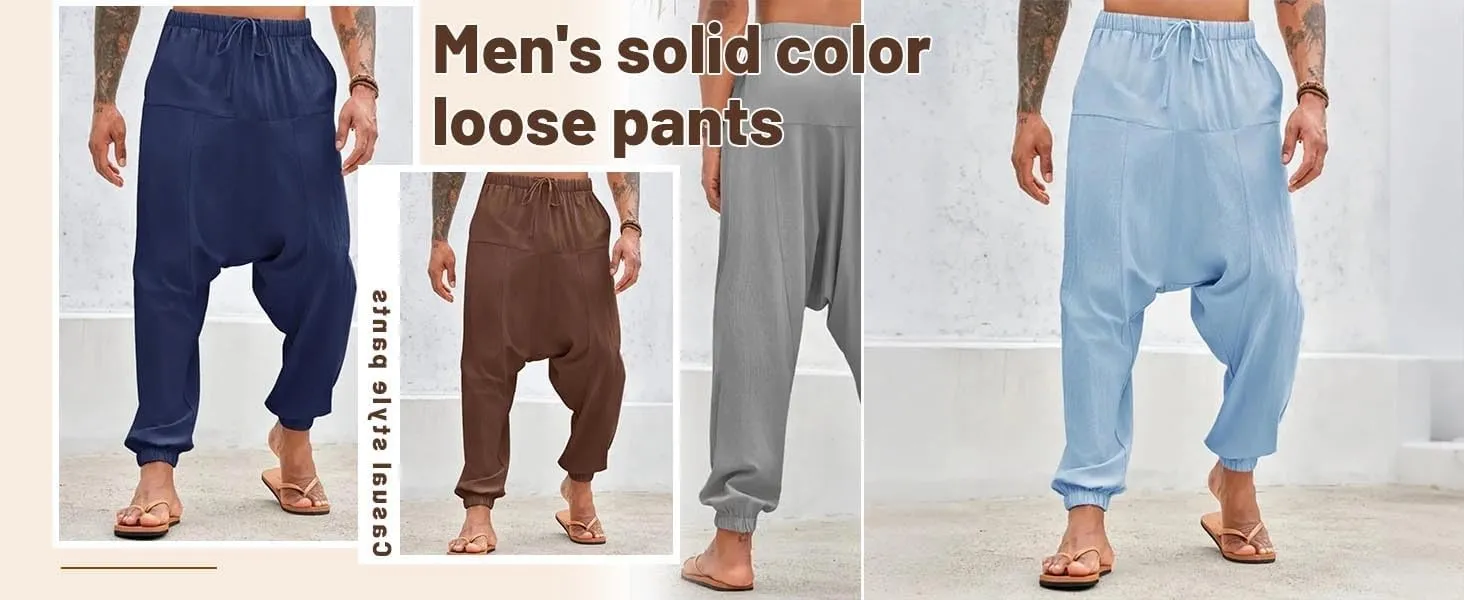 Linen Pants Elastic Waist Drawstring Beach Pants Harem Summer Pants Casual Lightweight Linen Trouser with Pockets