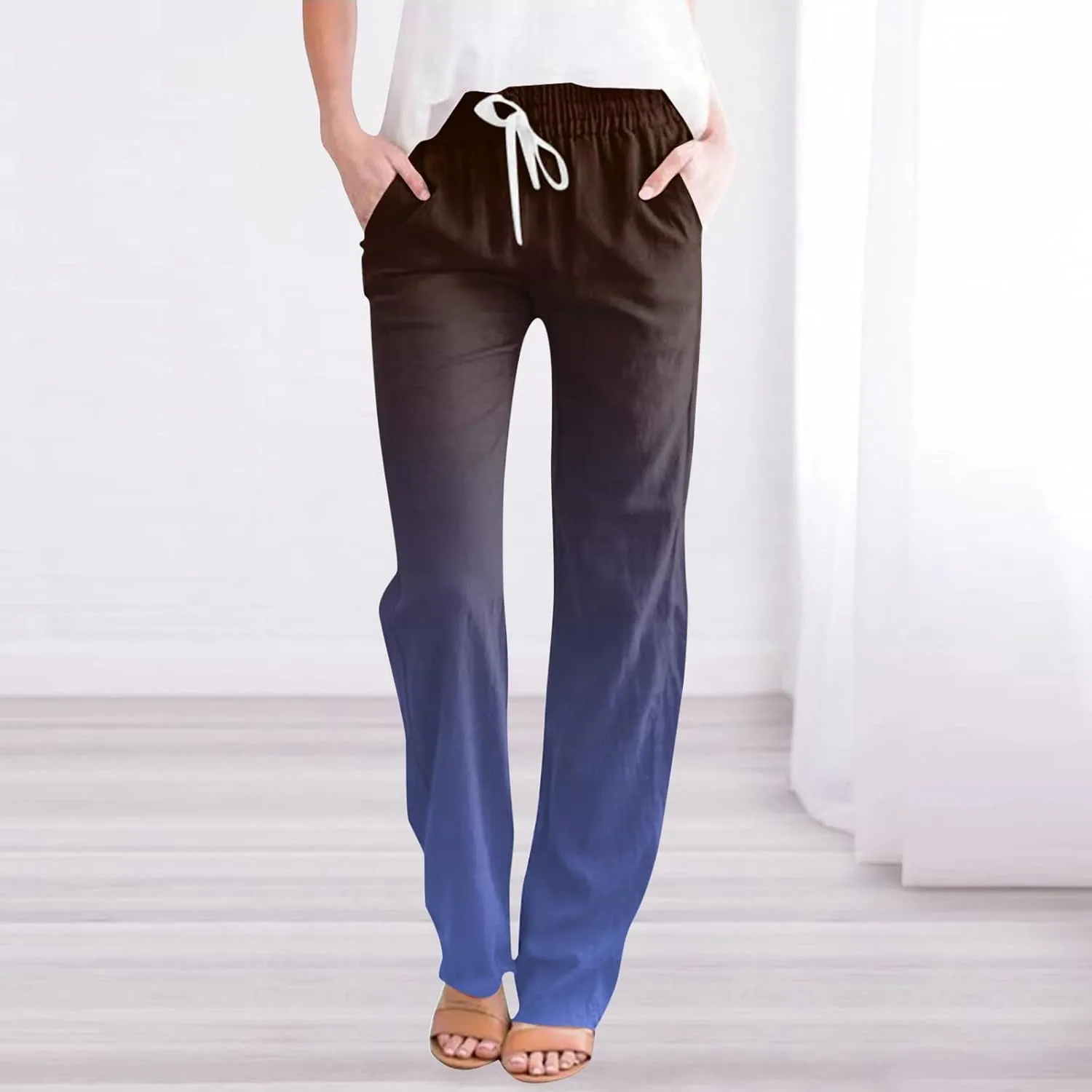 Linen Pants for Women Casual Summer Loose Boho Straight Leg High Waist Solid Color Linen Pants Breathable Ankle Trousers