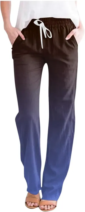 Linen Pants for Women Casual Summer Loose Boho Straight Leg High Waist Solid Color Linen Pants Breathable Ankle Trousers