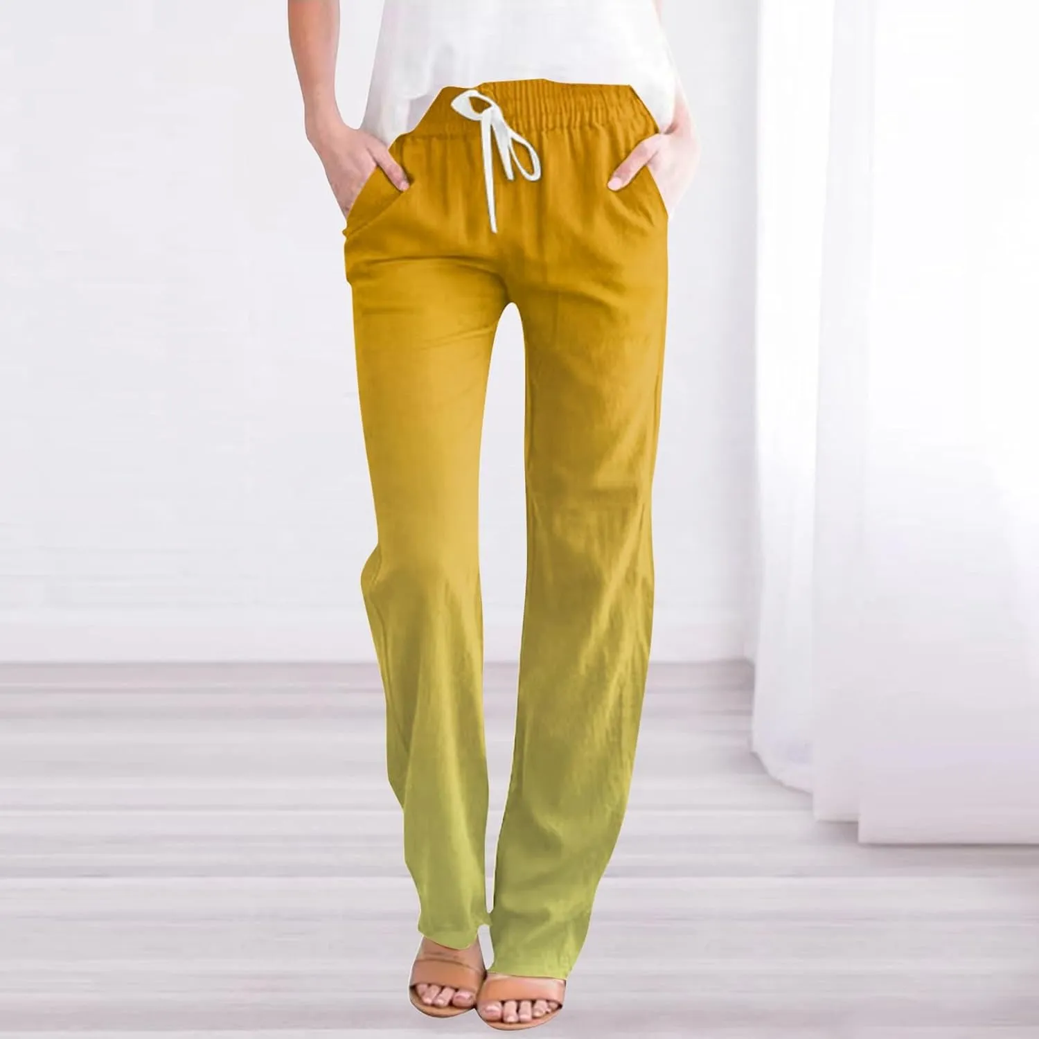 Linen Pants for Women Casual Summer Loose Boho Straight Leg High Waist Solid Color Linen Pants Breathable Ankle Trousers