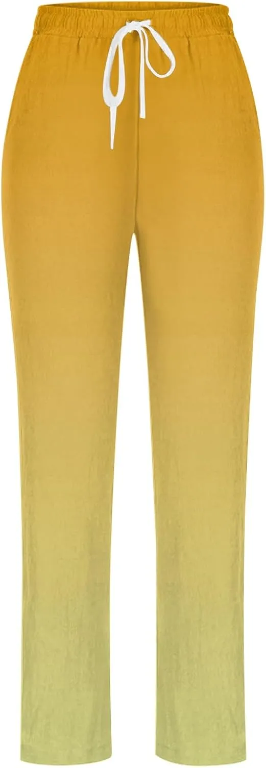Linen Pants for Women Casual Summer Loose Boho Straight Leg High Waist Solid Color Linen Pants Breathable Ankle Trousers