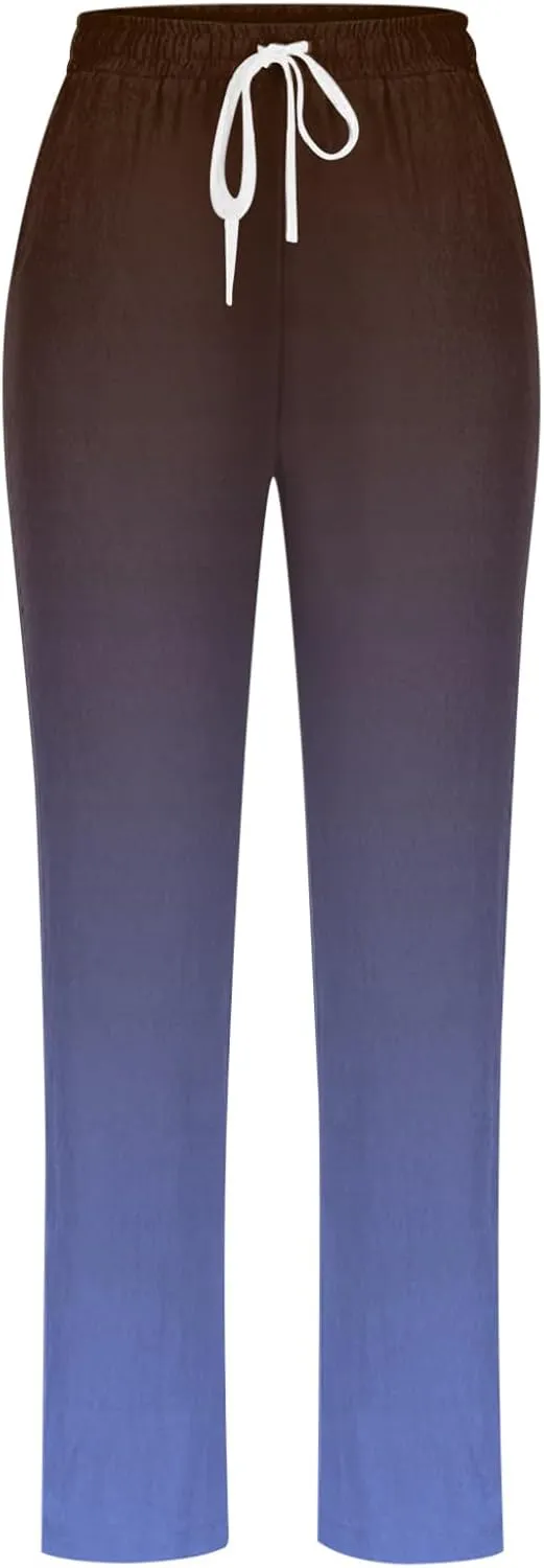 Linen Pants for Women Casual Summer Loose Boho Straight Leg High Waist Solid Color Linen Pants Breathable Ankle Trousers