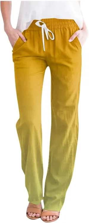 Linen Pants for Women Casual Summer Loose Boho Straight Leg High Waist Solid Color Linen Pants Breathable Ankle Trousers