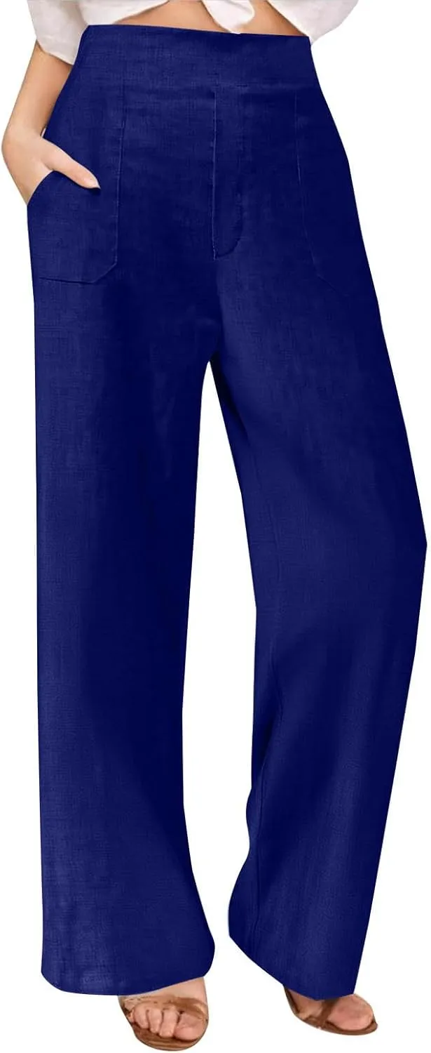 Linen Pants for Womens Summer Drawstring Waist Wide Leg Trousers Loose Linen Lightweight Pant Casual Beach Long Slacks