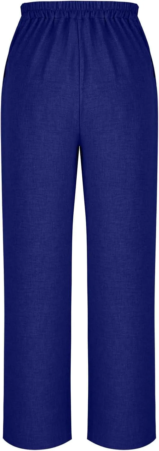 Linen Pants for Womens Summer Drawstring Waist Wide Leg Trousers Loose Linen Lightweight Pant Casual Beach Long Slacks