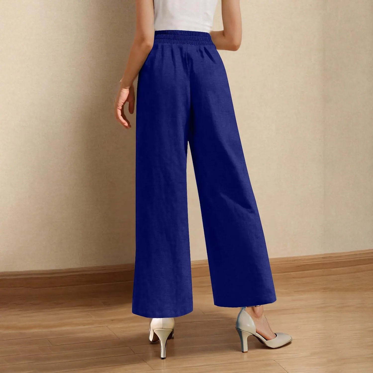 Linen Pants for Womens Summer Drawstring Waist Wide Leg Trousers Loose Linen Lightweight Pant Casual Beach Long Slacks