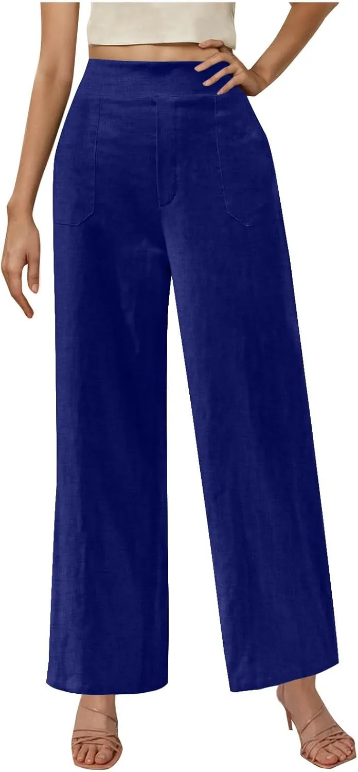 Linen Pants for Womens Summer Drawstring Waist Wide Leg Trousers Loose Linen Lightweight Pant Casual Beach Long Slacks